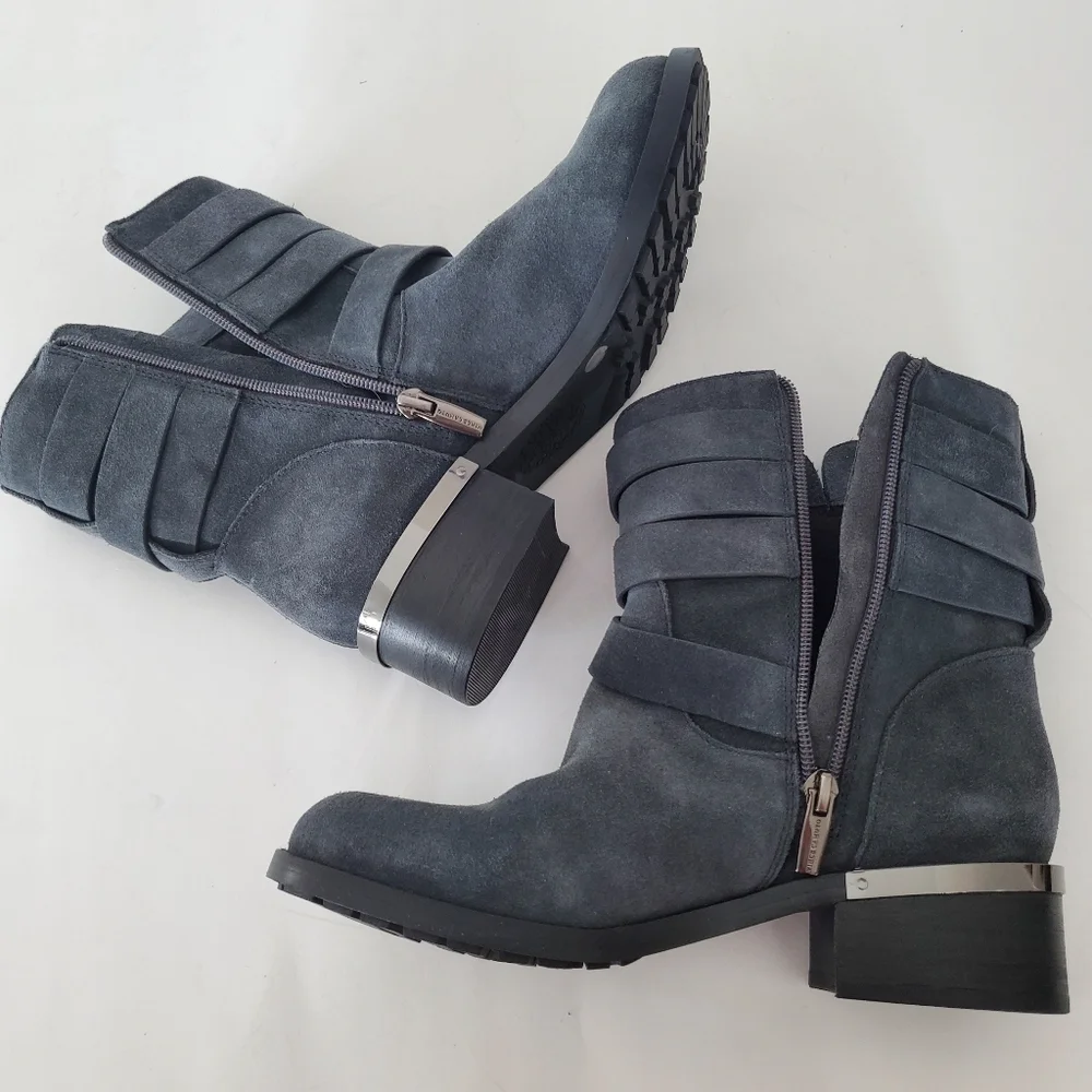 VINCE CAMUTO 7.5 WEBEY Dk Gray Suede Moto Boots Silver Buckle Strap Grunge Goth - Picture 7 of 16